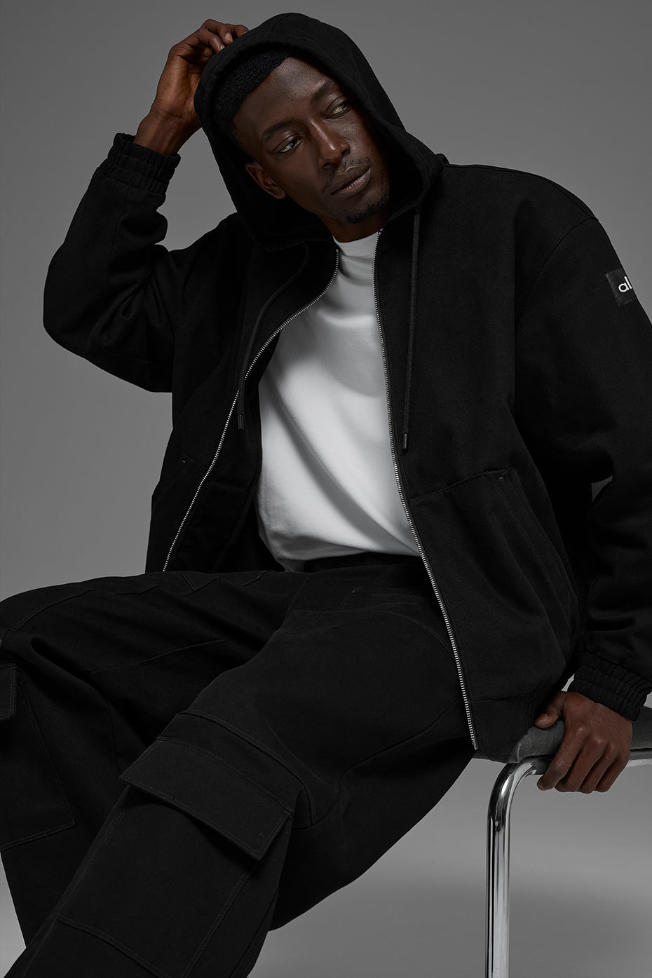 Cotton Canvas Full Zip Hoodie - Black